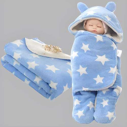 Cozy blue baby wearable blanket with star pattern and hood for warmth and comfort