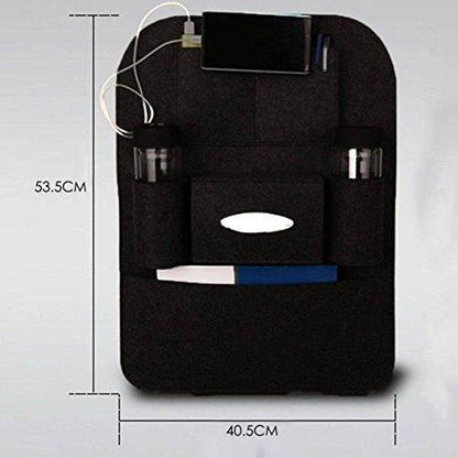 Black back seat storage bag for cars with multiple pockets for cups, tissue box, and tablet holder
