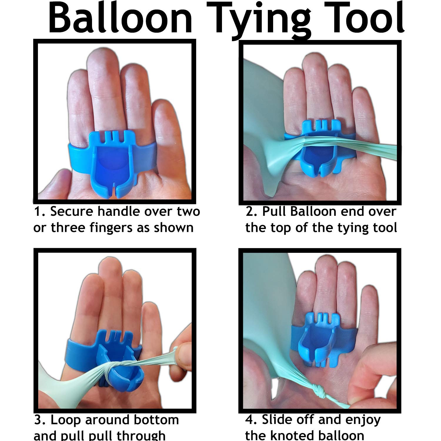 Balloon tying tool demonstration showing steps for easy balloon tying with hand guide