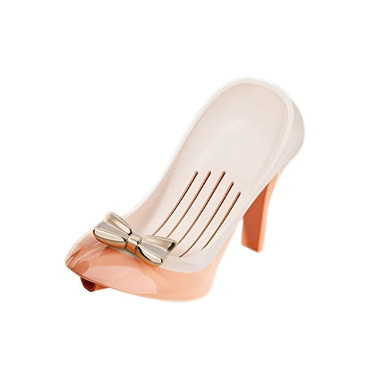 THE GIR FARMER peach and white high heel sandal shaped soap holder with gold bow and drainage slots