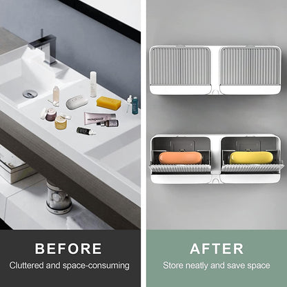 Bathroom soap box organizer mounted on wall showing before cluttered sink and after neat organized soap storage