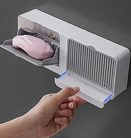 Wall-mounted bathroom soap box organizer with a pink soap bar and easy open lid in white and gray