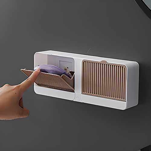 Wall-mounted bathroom soap box organizer in white and beige with easy open compartment