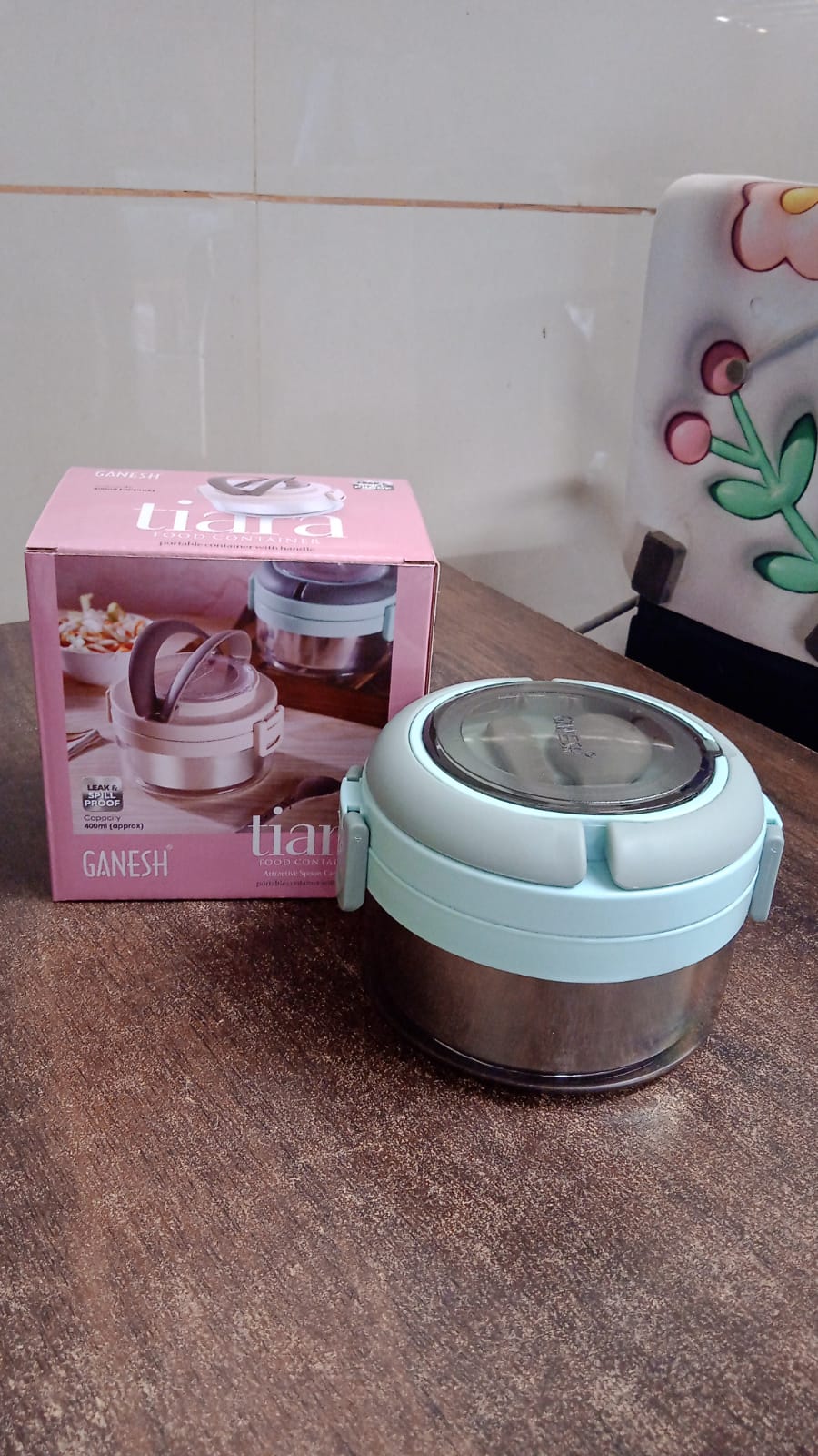 Ganesh Tiara 400ml Stainless Steel Insulated Lunch Box with Leakproof Lid & Folding Spoon Your Brand