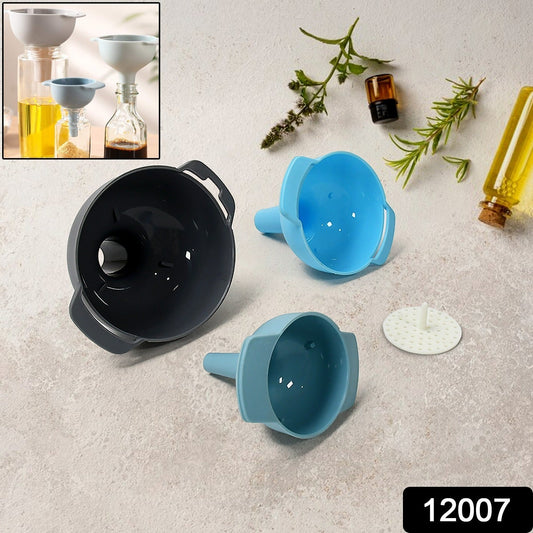 3 in 1 Kitchen Funnel Set of 3, Funnel for Filling Bottle, Small Canning Funnel with Handle, Food Grade Plastic Funnel with Detachable Strainer Filter for Liquid, Dry Ingredients, and Powder Your Brand