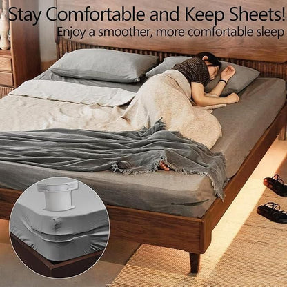 Bed sheet grippers for corners securing fitted sheets on a wooden bed with a person sleeping comfortably