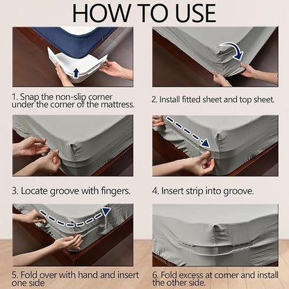 Step-by-step instructions showing how to use bed sheet grippers for corners to secure sheets on a mattress
