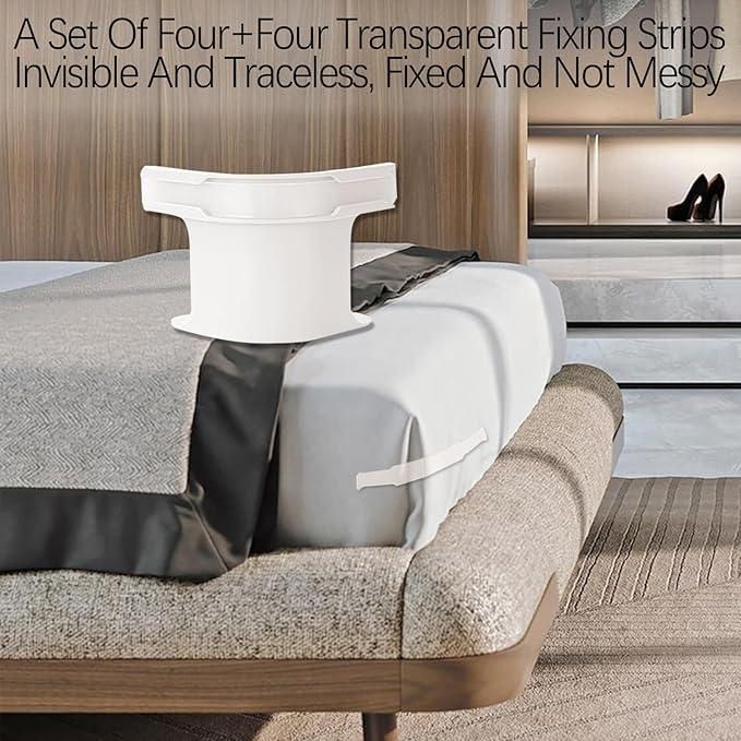 Bed sheet grippers for corners holding sheets securely on a mattress with transparent fixing strips