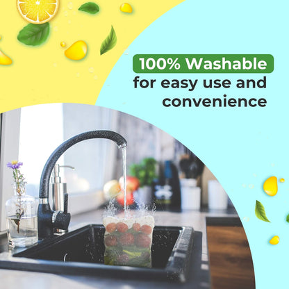 Gir Farmer fridge storage bags for vegetables being washed under kitchen sink faucet for easy use