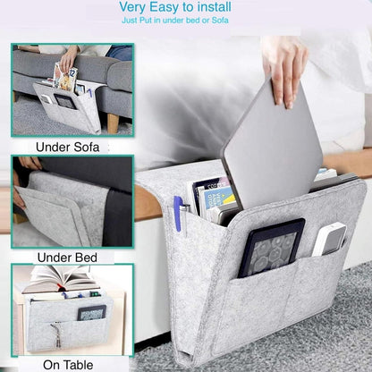 Bedside pocket organizer for essentials in gray felt storage hanging beside bed holding laptop and gadgets