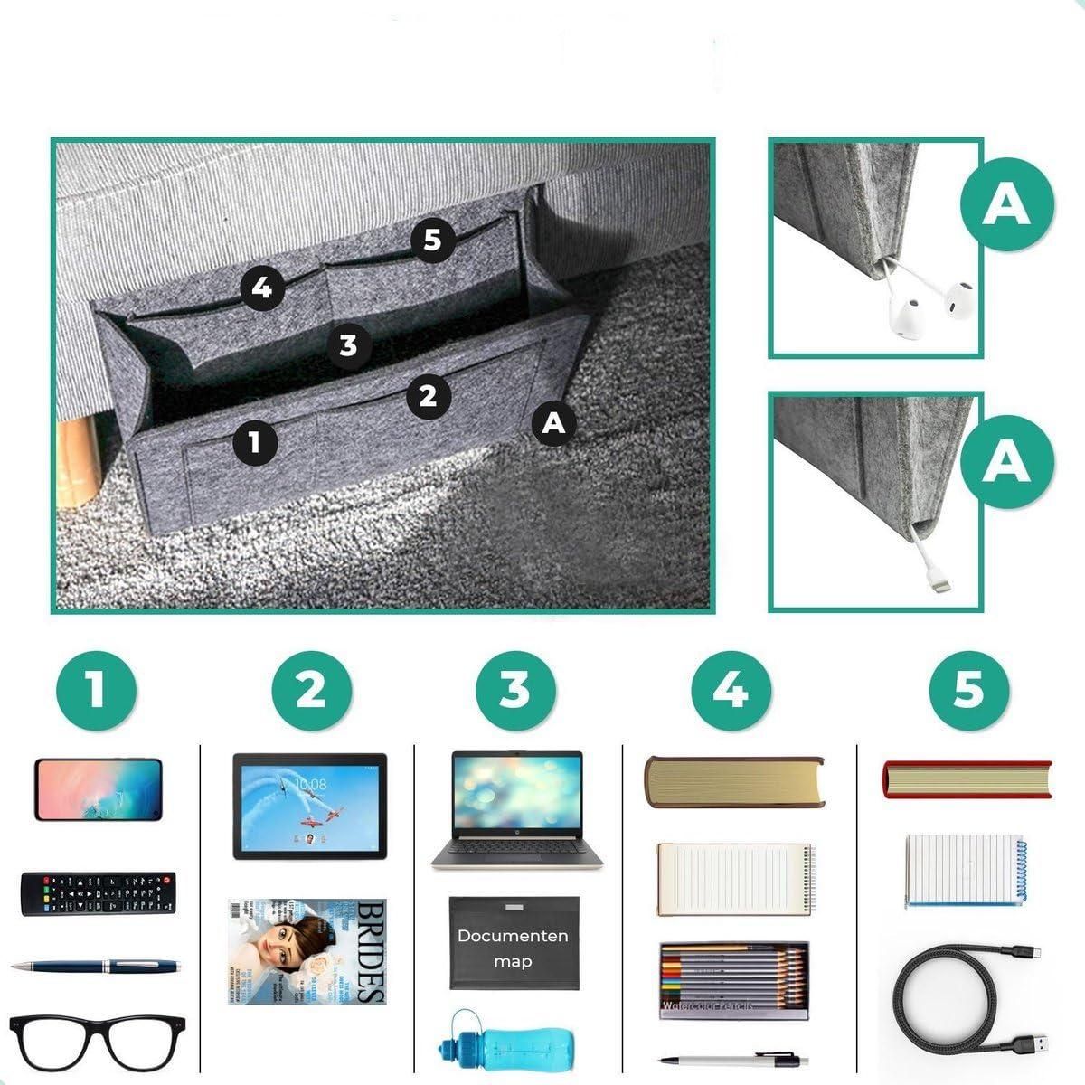 Gray felt bedside pocket organizer for essentials with multiple compartments for phone tablet books and remote controls