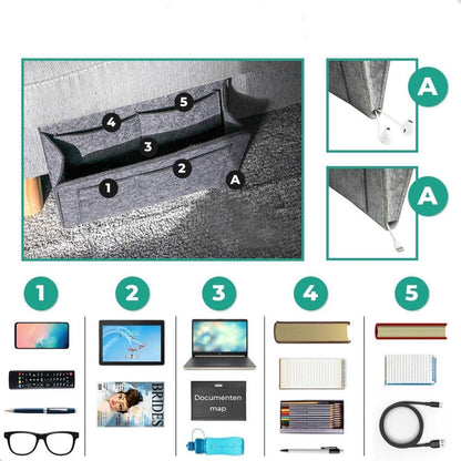 Gray felt bedside pocket organizer for essentials with multiple compartments for phone tablet books and remote controls