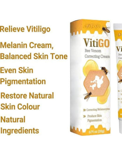 The Gir Farmer VitiGO bee venom vitiligo cream in white and yellow packaging for skin pigmentation