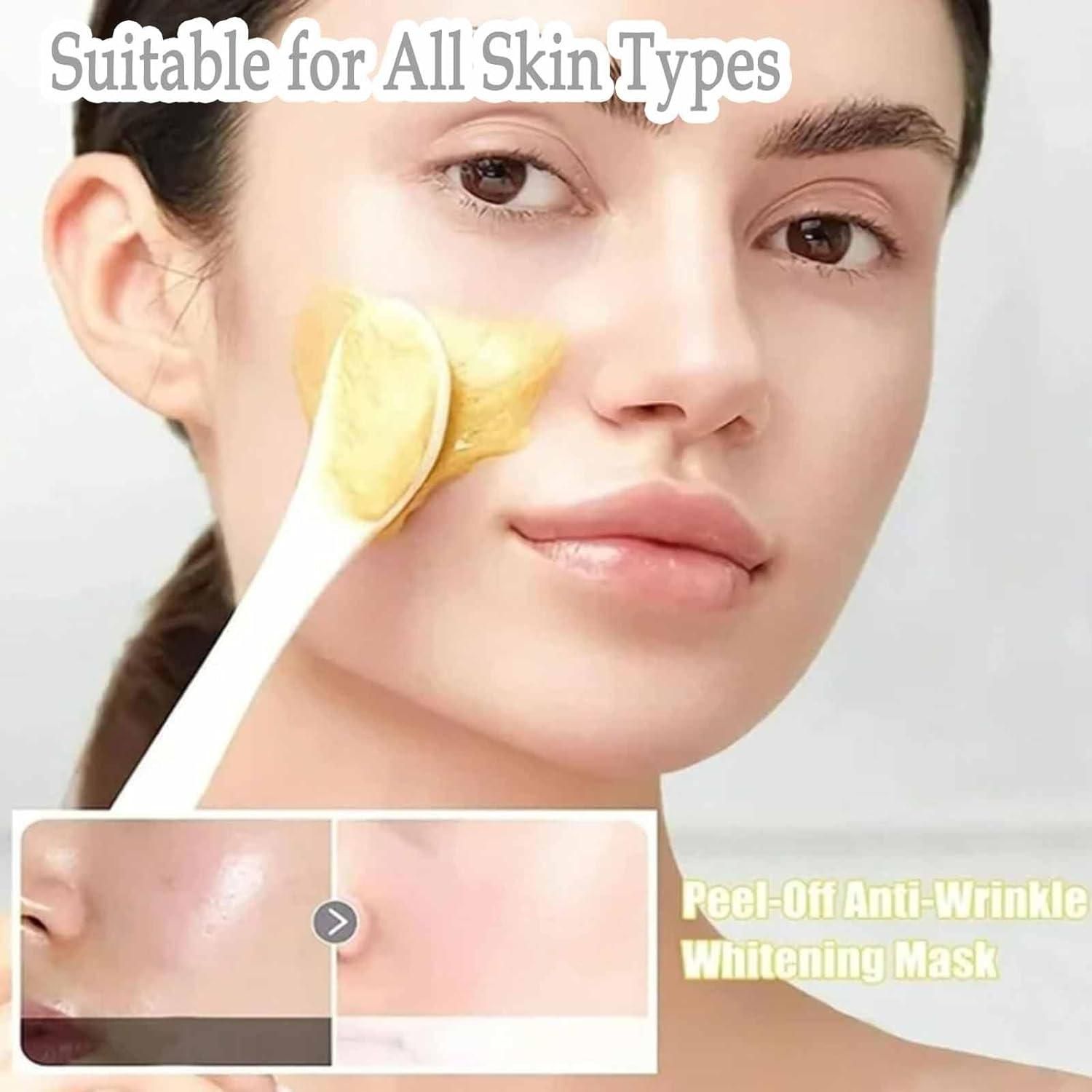 Woman applying a gold face mask for glowing skin, highlighting anti-wrinkle benefits and suitable for all skin types.