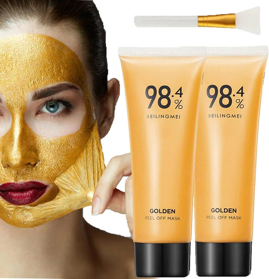 Model applying a gold face mask for glowing skin with two tubes of 98.4% Beilingmei peel off mask