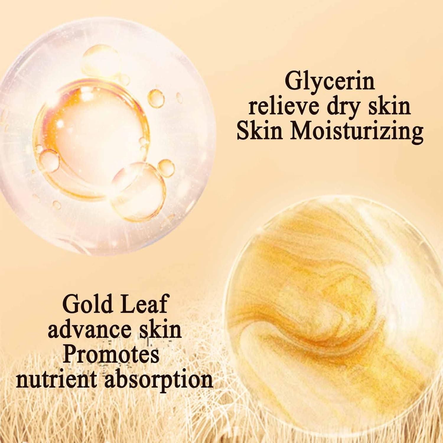 Close-up of gold face mask for glowing skin highlighting Glycerin and Gold Leaf ingredients