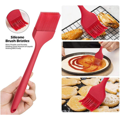 Red silicone oil brush with flexible bristles for easy basting of chicken pizza and pastries best baking basting brush