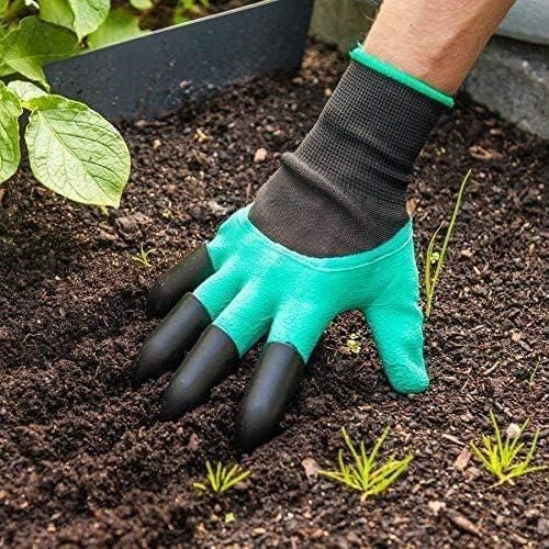 The best gloves for planting and weeding with green fabric and black claw fingertips in garden soil