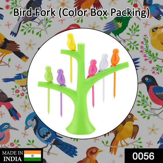 Colorful bird fruit fork for kids displayed on a tree holder, perfect for fun dining