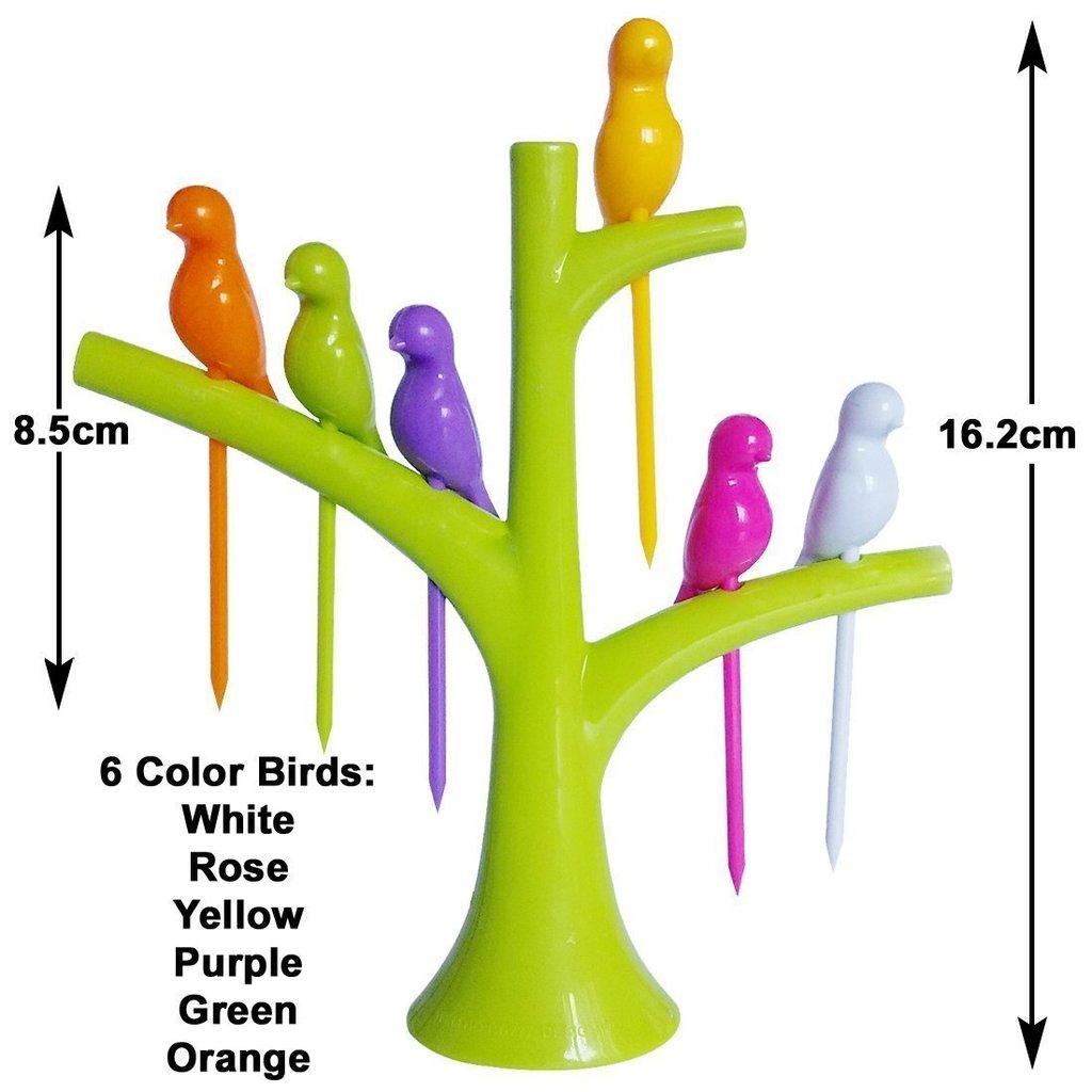 Bird fruit fork for kids featuring six colorful birds on a vibrant tree stand for fun serving