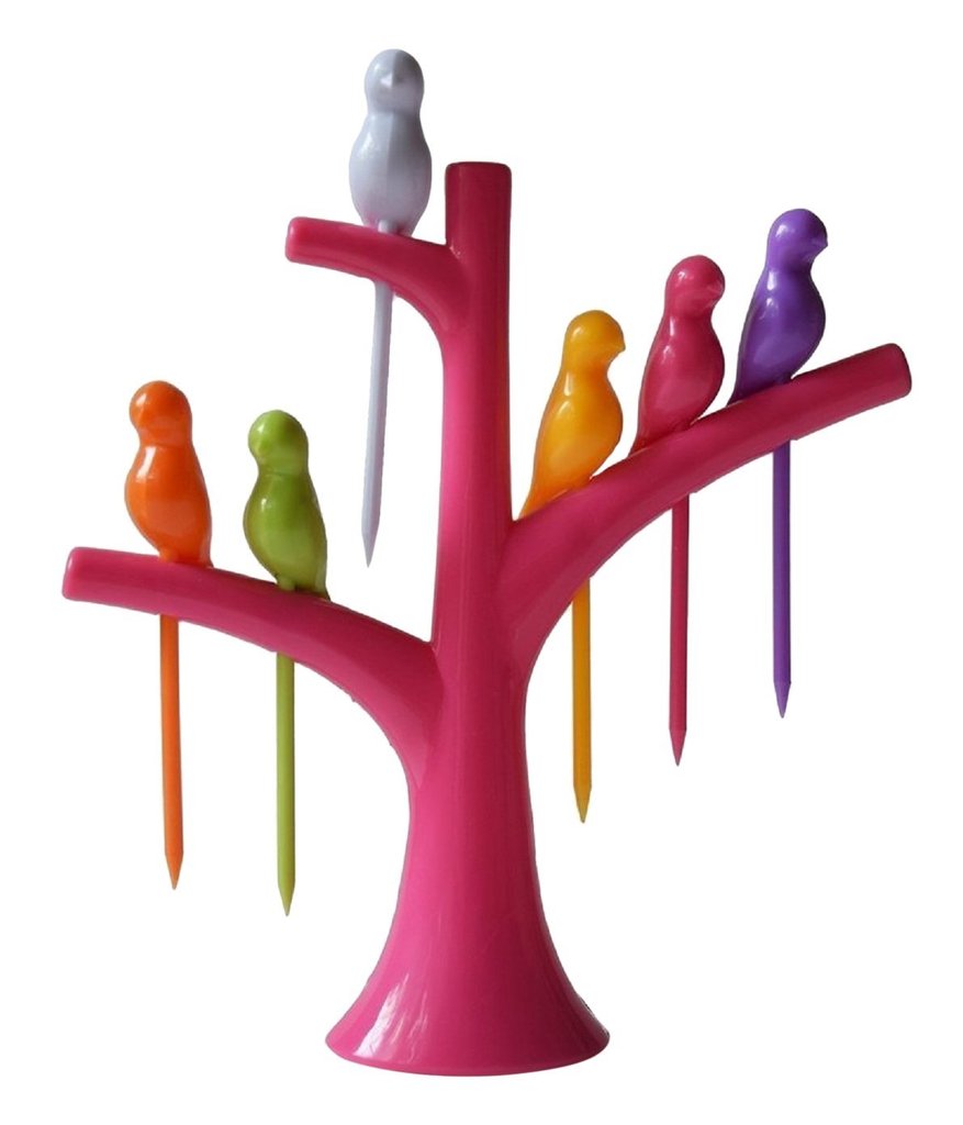 Colorful bird fruit fork for kids displayed in a playful bird tree holder