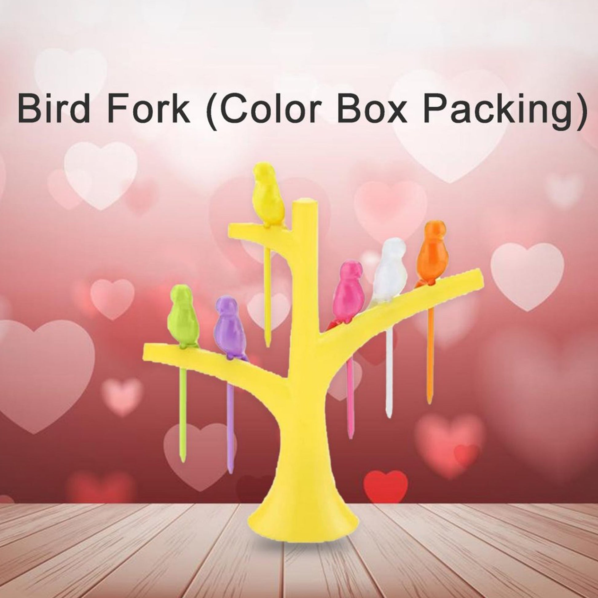 Colorful bird fruit fork for kids displayed on a tree-shaped holder, perfect for fun snacks