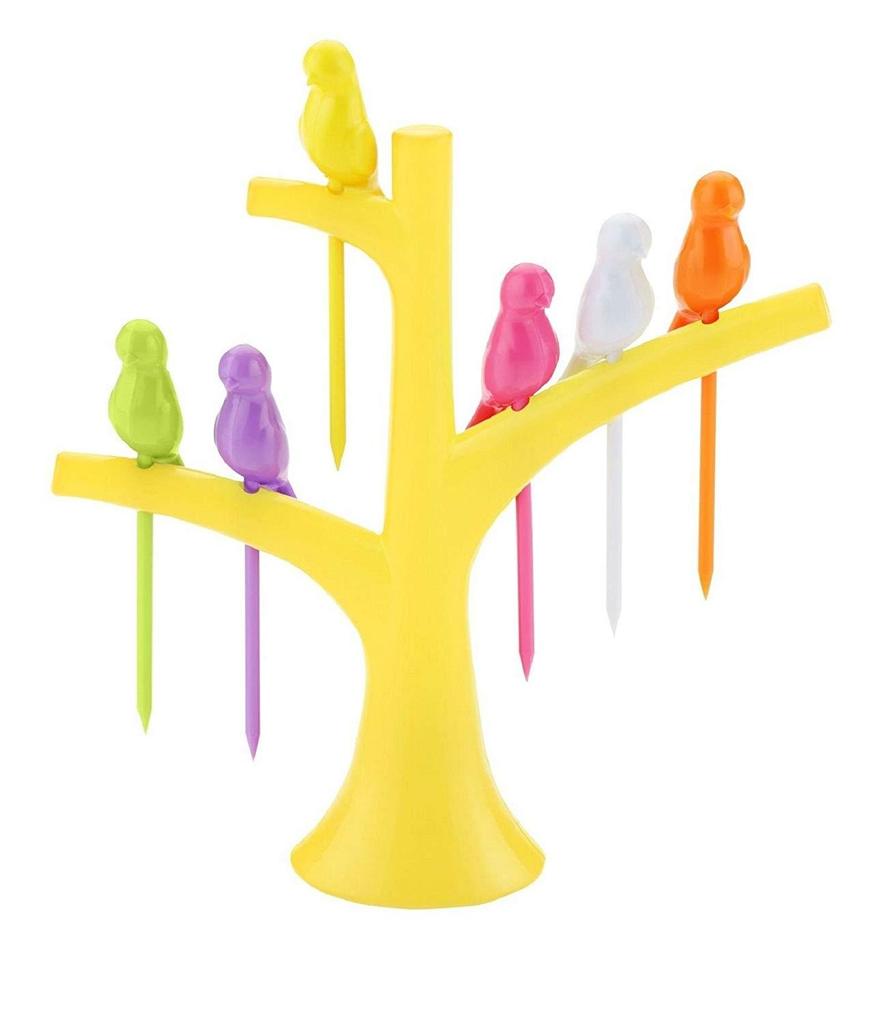 Colorful bird fruit fork for kids displayed on a tree-shaped holder in yellow