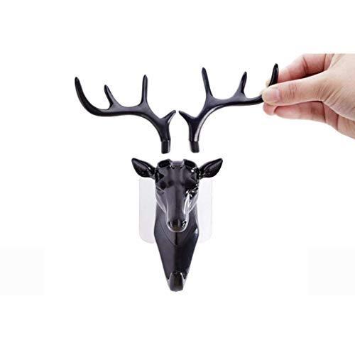 Black deer head self adhesive coat hook with removable antlers for wall mounting