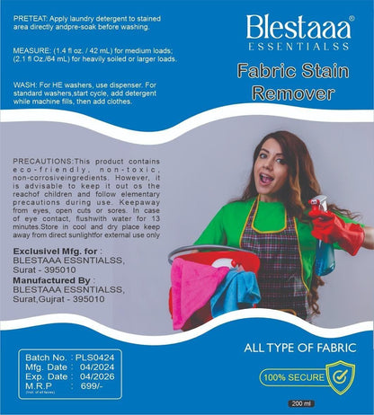 Blestaaa Essentials organic fabric stain remover with eco-friendly formula and instructions on bottle