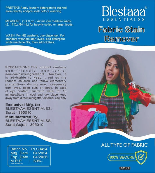 Blestaaa Essentials organic fabric stain remover with eco-friendly formula and instructions on bottle