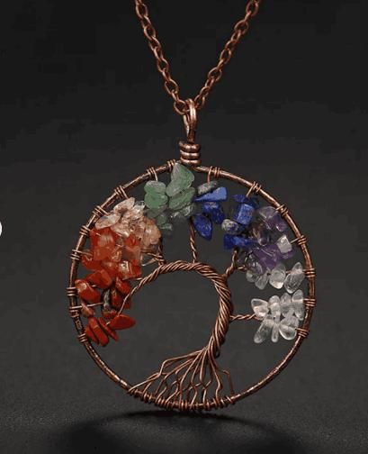 Bohemian tree of life necklace featuring colorful gemstones in a wire frame design