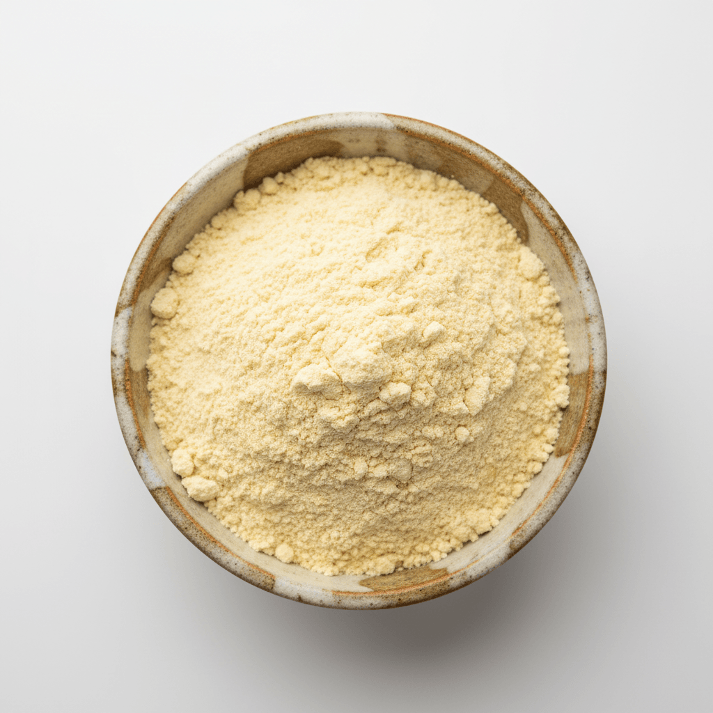 Bowl of yellow chickpea flour is besan, ideal for gluten-free baking and cooking