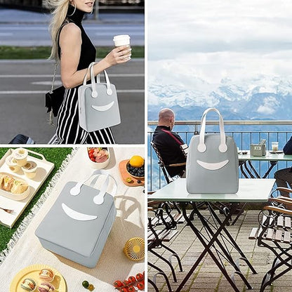 Large insulated lunch bag by THE GIR FARMER in light gray with smiling face design and white handles
