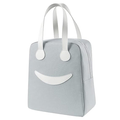 Large insulated lunch bag by THE GIR FARMER in light gray with white handles and smile design