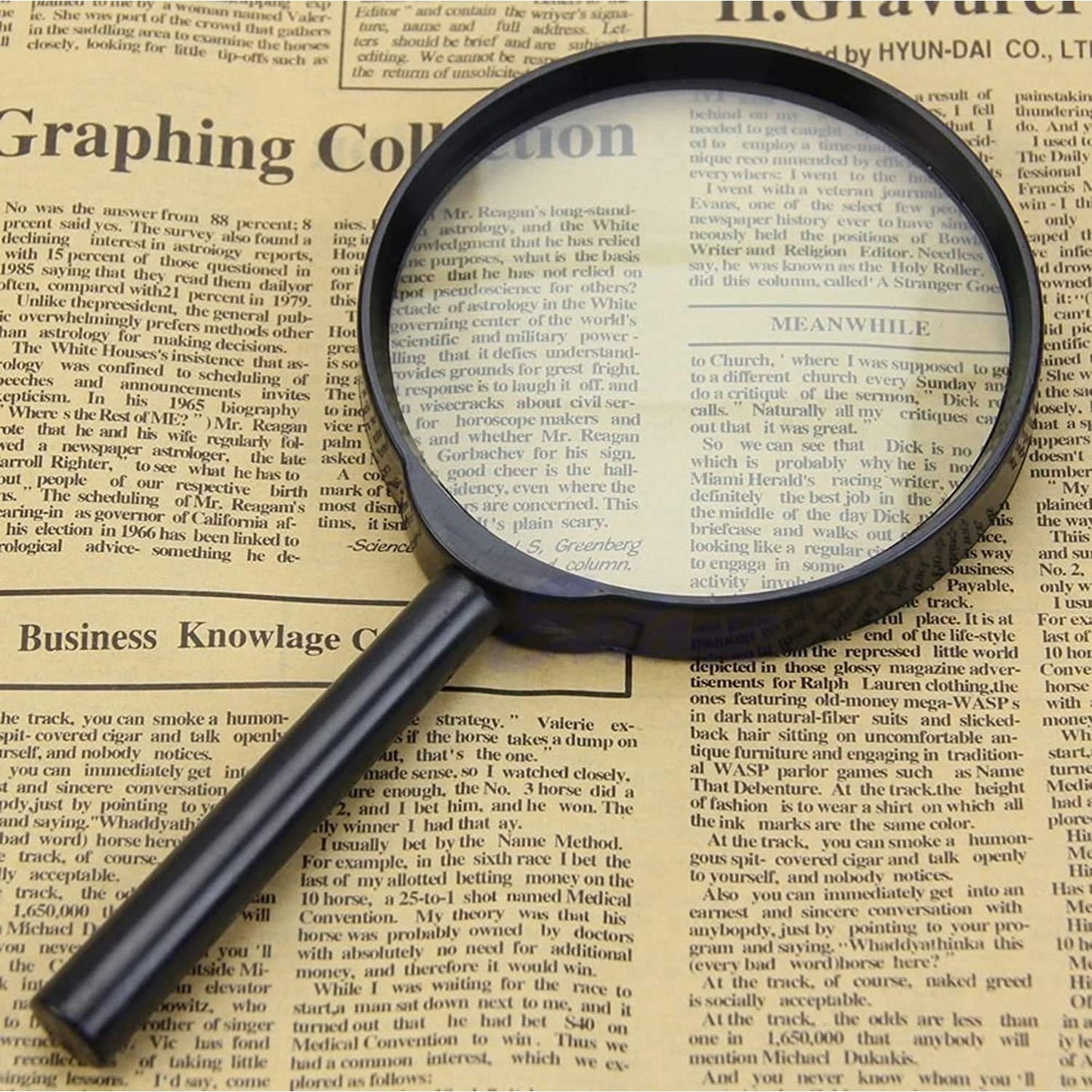 Breakage-proof magnifying glass for reading on an old newspaper background for easy text visibility
