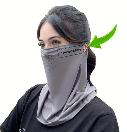 Woman wearing a breathable neck length mouth mask in gray for comfort and protection outdoors