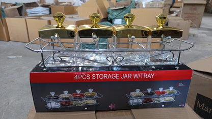 Storage Jar Set One Set with 4 Jars with Lids, Tray & 4 Spoon for Coffee, Tea, Sugar for Storage jar With Tray for Home Kitchen Your Brand