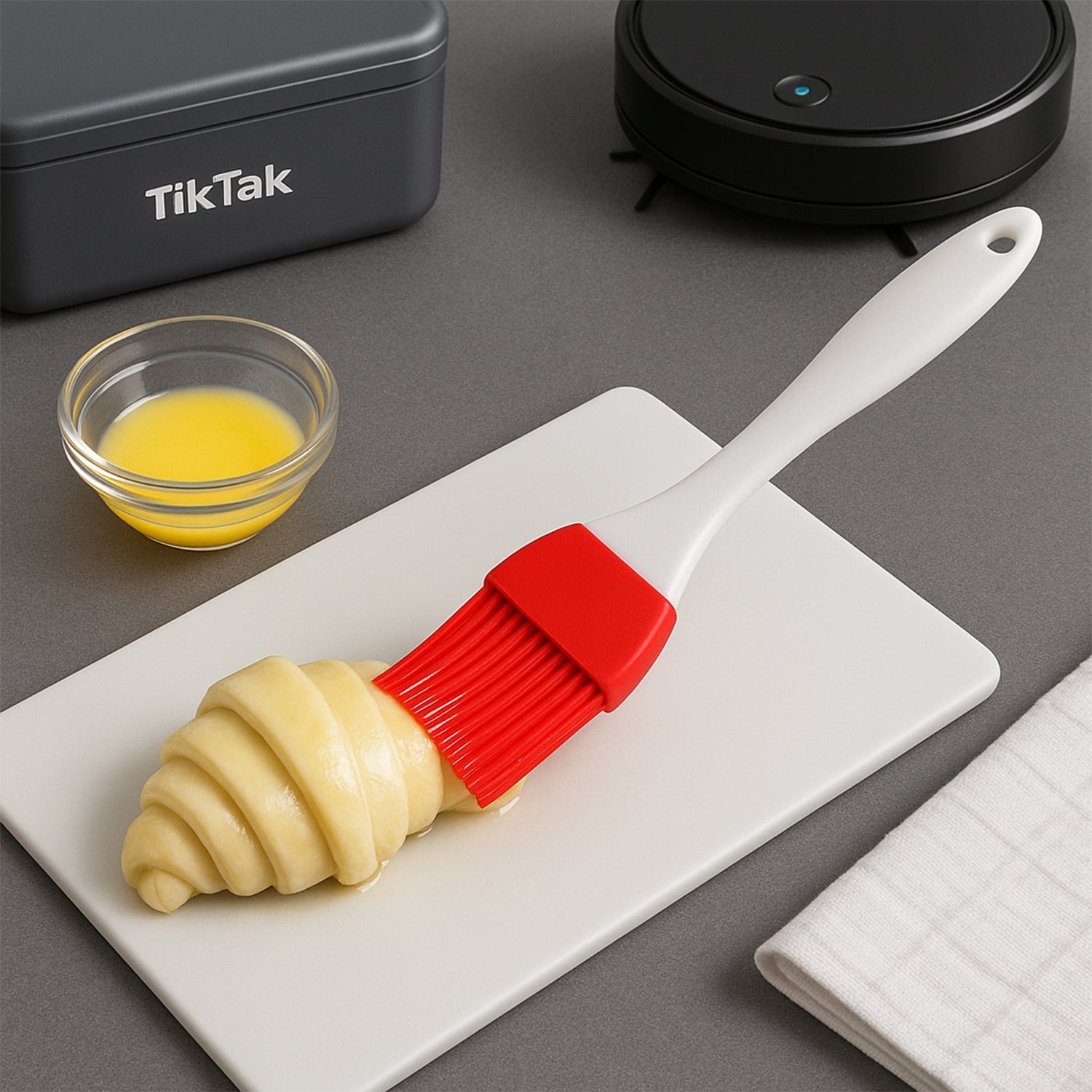 Cake decorating spatula and pastry brush set with red silicone brush applying egg wash on dough