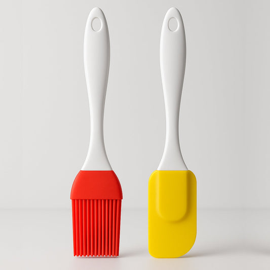 Your Brand cake decorating spatula and pastry brush set in red and yellow for effortless baking and decorating