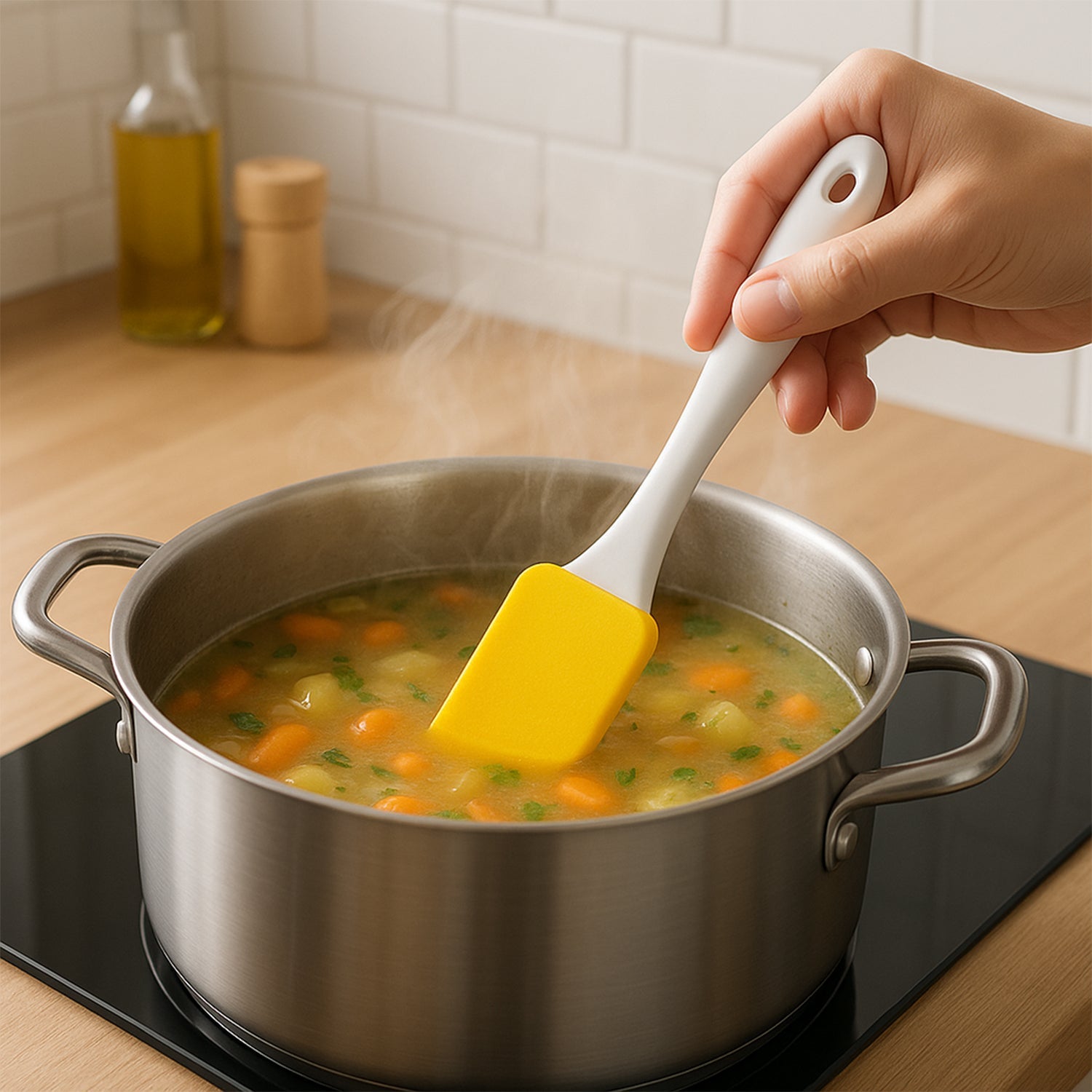 Your Brand cake decorating spatula and pastry brush set being used to stir a pot of vegetable soup