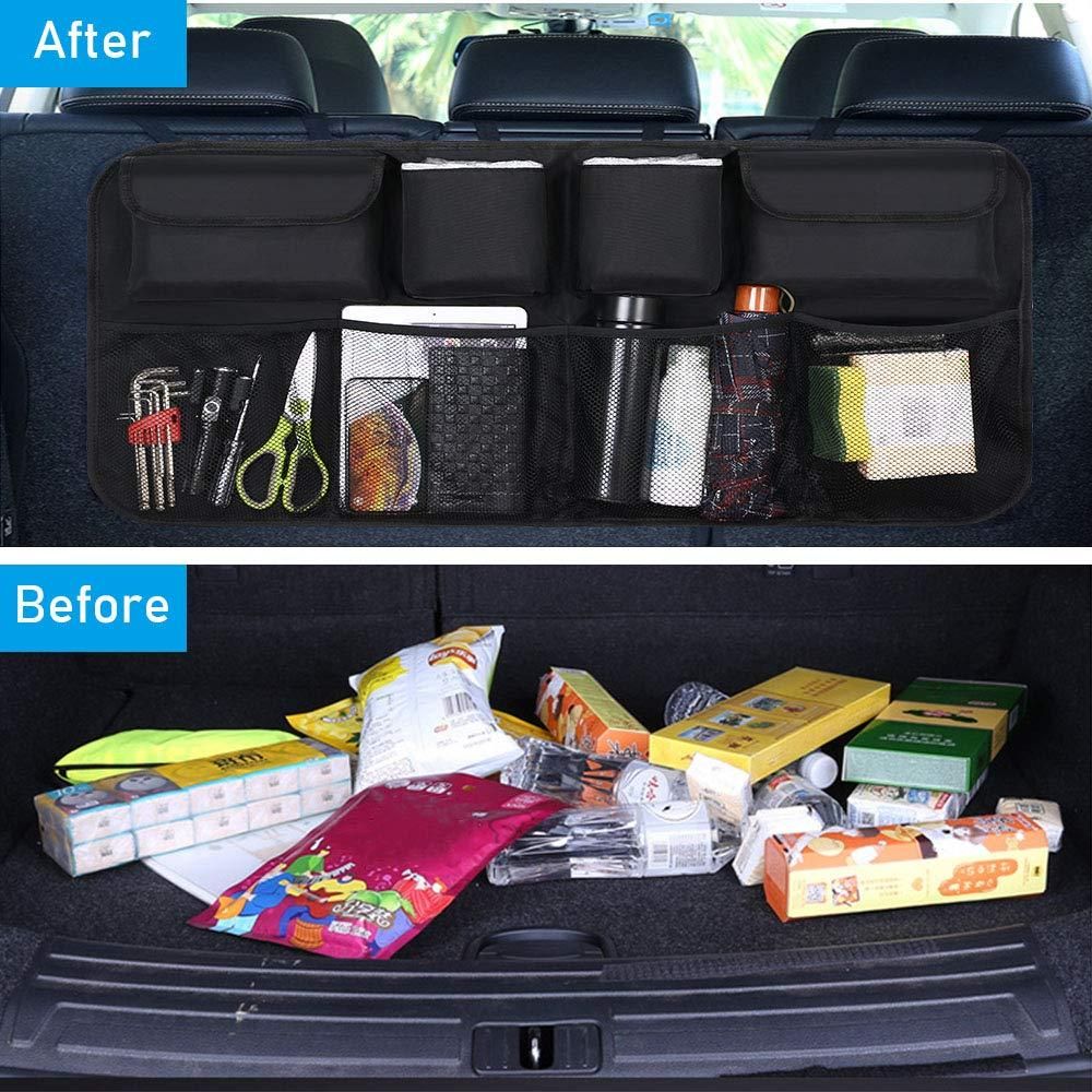 Car back seat organizer featuring multiple pockets for organized storage and easy access to essentials