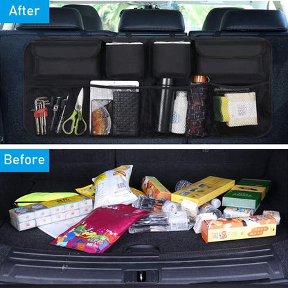 Car back seat organizer featuring multiple pockets for organized storage and easy access to essentials
