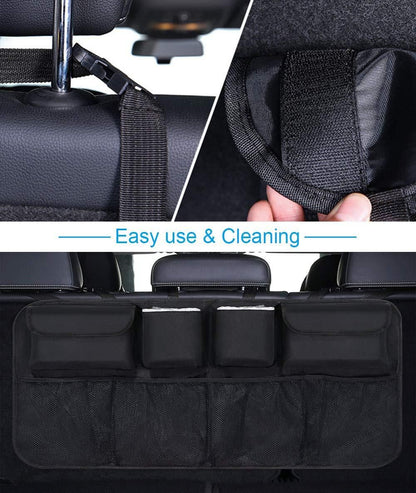 Car back seat organizer with multiple pockets for easy use and cleaning in a vehicle