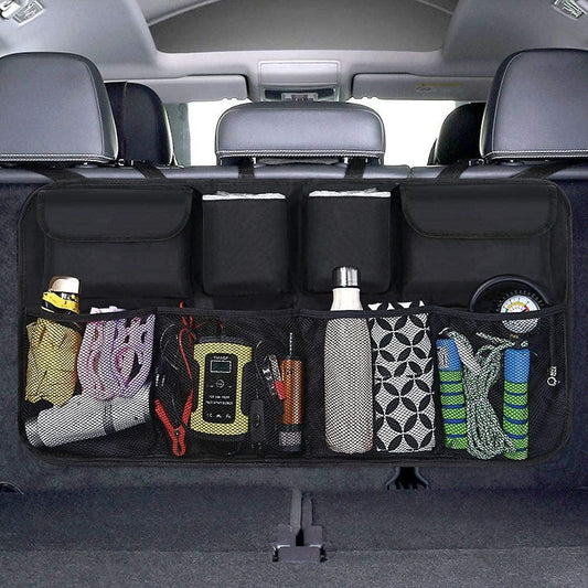 Car back seat organizer with multiple storage pockets for essentials and tools