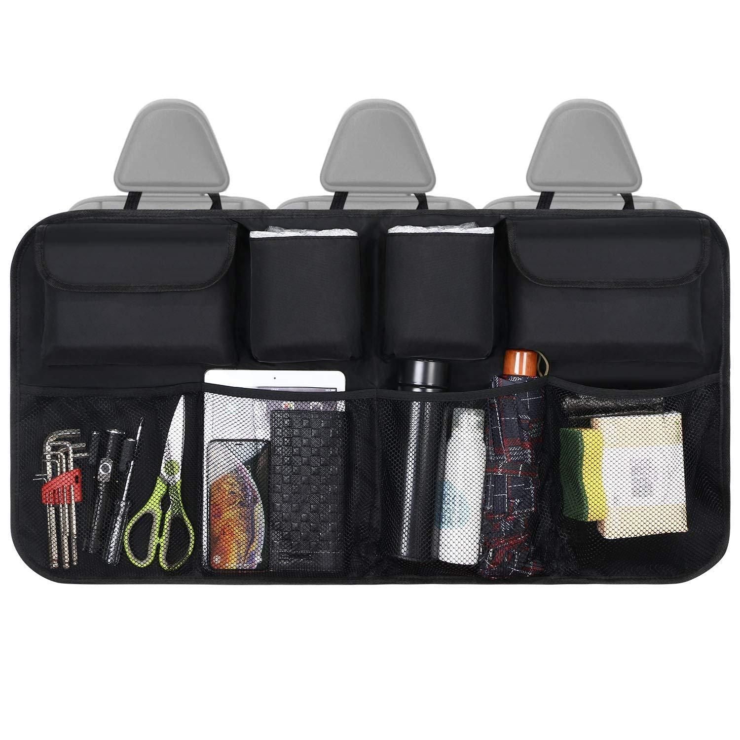 Car back seat organizer in black with multiple pockets for storage of snacks, tools, and devices