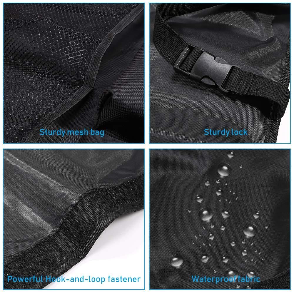 Close-up details of a car back seat organizer featuring sturdy mesh, waterproof fabric, and powerful fasteners