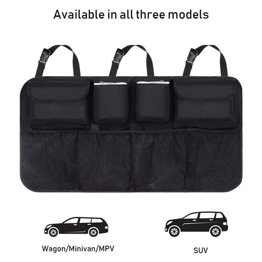 Car back seat organizer with multiple pockets for easy storage and organization in various vehicle models