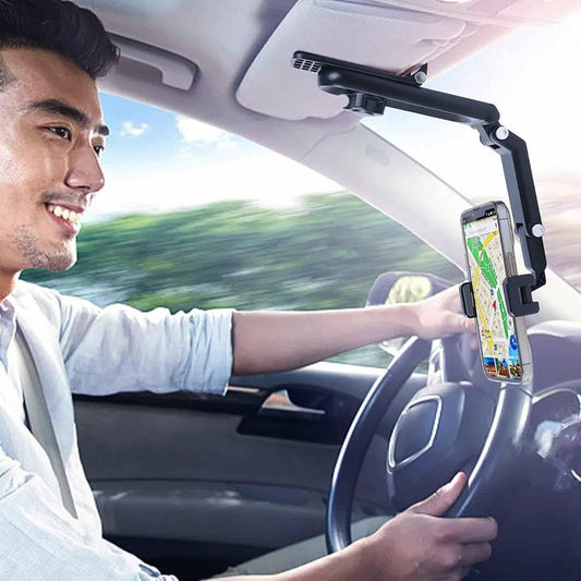 Adjustable car cellphone holder mounted on front visor with smartphone for GPS navigation