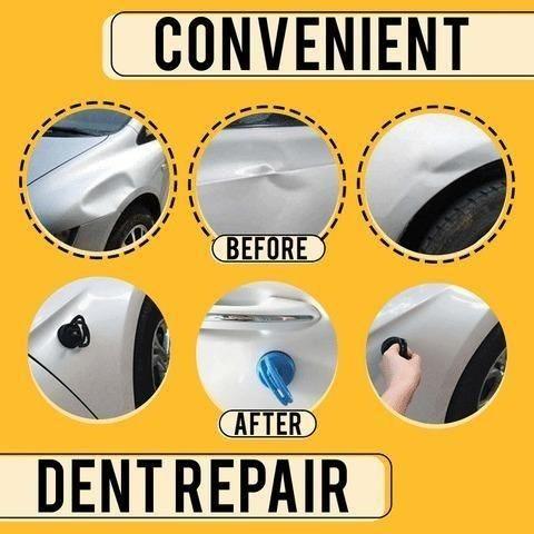 Car dent puller tool demonstration showing before and after dent repair on a vehicle