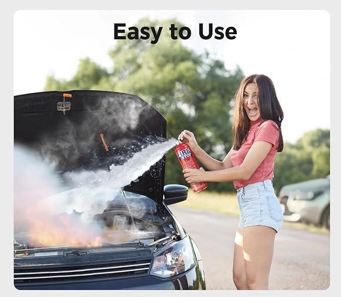 Woman using car fire extinguisher spray on a burning car for quick and effective fire safety